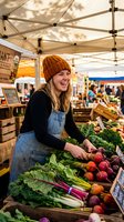 Happy young Caucasian female vendor in knit hat and apron arranging fresh organic vegetables at outdoor farmers market stall under white tent canopy.