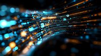 Abstract digital technology background with glowing blue and orange light streams representing data flow and network connections in cyberspace.