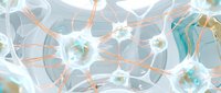 Abstract neural network connections with glowing nodes and synaptic pathways in soft blue and copper tones for medical and technology presentations.