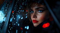 Young woman with bright red lipstick and blue eyes gazing through car window on rainy night, dramatic lighting with bokeh and reflections creating moody atmosphere.