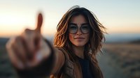 Young Hispanic woman with glasses and wavy brown hair smiling at sunset, wearing brown jacket, taking selfie with blurred desert landscape background. Natural warm lighting creates cozy mood.