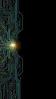 Glowing circuit board pattern with bright central processor on black background for technology and electronics design projects.