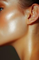 Close-up of glowing skin with highlighted cheekbone and ear detail showing dewy, luminous complexion in warm golden light. Perfect for beauty and skincare advertising.