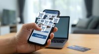 Mobile shopping app interface with checkout button on smartphone screen held by hand near laptop and credit card on wooden desk for ecommerce business.