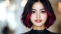Young Asian woman with trendy red ombre bob hairstyle and natural makeup smiling at camera against blurred bokeh background, modern beauty portrait.