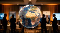 Glowing digital earth globe with network connections floating in modern business conference room with silhouetted professionals in background.