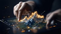 Glowing golden financial chart emerging from digital surface with mountain peaks visualization, while hands interact with data display. For business analytics.