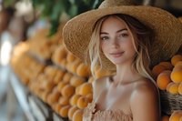 Young Caucasian woman in straw hat and summer dress smiling at farmers market with fresh oranges and citrus fruits display in background, natural lighting.
