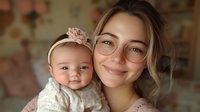 Young Caucasian mother wearing glasses smiles warmly while holding baby daughter in white lace dress and pink floral headband against soft blurred background.