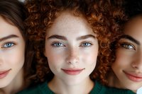 Close-up portrait of three diverse young women with natural beauty, featuring curly red hair, freckles and bright blue eyes in soft lighting.