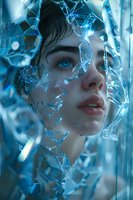 Young woman with bright blue eyes surrounded by glowing geometric patterns and crystalline structures in cool blue tones creating mystical atmosphere.