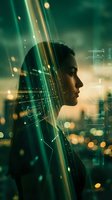 Young woman profile silhouette with futuristic digital light streams and glowing particles overlay creating sci-fi technology concept for innovation designs.