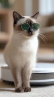 Stylish Siamese cat wearing round green sunglasses stands confidently next to robot vacuum cleaner on carpet, showcasing pet lifestyle and modern home technology.