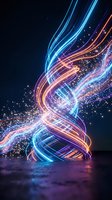 Dynamic swirling light trails in blue and orange creating spiral motion with glowing particles on dark background for digital art and technology designs.