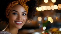 Young African American woman with curly hair wearing golden headband smiling warmly with bokeh lights background for lifestyle and beauty content.