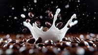Milk splash crown with flying coffee beans on dark background, dynamic liquid motion with drops and splashes captured in high speed photography.