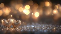 Golden heart decorations on glittery surface with soft bokeh lights in background creating romantic festive atmosphere. Luxury Valentine's day concept.