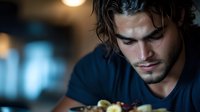 Young handsome man with wavy hair concentrating while eating meal at restaurant table, casual dining experience with warm ambient lighting.
