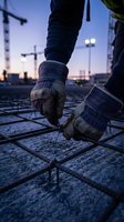Construction worker in work gloves tying rebar on concrete foundation at dusk with cranes and floodlights visible in background. Industrial construction site.