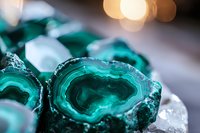 Natural green agate crystal slices with translucent layers and rough edges on white background, macro photography with soft bokeh lights for jewelry design.