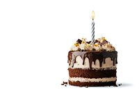 Chocolate layer cake with vanilla cream, dark chocolate drip, and single burning birthday candle on white background, isolated for design and celebration projects.