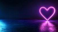 Glowing neon pink heart shape reflecting on wet surface against dark background with blue and purple gradient lighting creates romantic atmosphere.