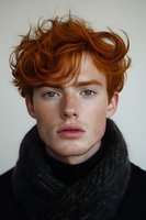 Young male model with vibrant ginger hair, freckles, and striking features wearing black turtleneck sweater and scarf against neutral background. Portrait captures natural beauty.