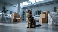 Tabby cat sitting among cardboard boxes and covered furniture in bright modern room during home relocation or moving day with natural skylight.