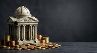 Classical bank building with columns and dome surrounded by golden coins on dark background for financial services and investment concepts.