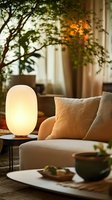 Cozy evening interior with glowing oval table lamp, beige sofa with cushions, and houseplants creating warm atmospheric lighting for relaxation and comfort.