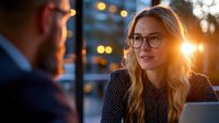 Young blonde businesswoman with glasses smiling during evening meeting with male colleague in modern urban setting with warm bokeh lights.