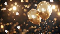 Golden balloons floating against dark background with glowing bokeh lights creating festive atmosphere for celebration and special occasions.