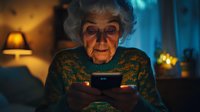 Senior woman with gray hair in green sweater looking at smartphone screen with fascinated expression in dark room illuminated by blue light, creating dramatic atmosphere.