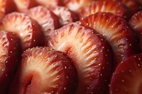 Fresh sliced strawberries in macro view showing juicy red flesh and detailed texture, perfect for food photography and culinary designs.