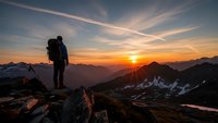 Silhouette of male hiker with backpack standing on rocky mountain peak during golden sunrise over alpine landscape with dramatic sky and distant peaks.