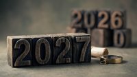 Wooden blocks displaying 2027 with wedding rings and 2026 in background, symbolizing future marriage plans and new year transitions.