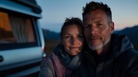 Mature couple enjoying sunset near their camper van, sharing intimate moment outdoors. Man with gray beard and woman in scarf embrace during blue hour camping adventure.