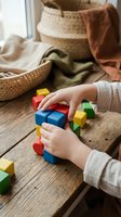 Young child stacking colorful wooden building blocks on a rustic table, promoting early learning, creativity, and motor skill development.