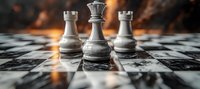 Chess pieces on marble board with dramatic lighting and selective focus on queen piece between rooks, creating atmospheric competitive scene for business strategy concepts.