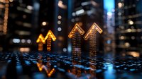 Glowing upward arrows on digital grid surface with blurred city lights background reflect financial growth and market success in modern business.