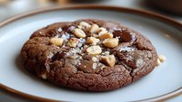 Freshly baked chocolate cookie with macadamia nuts and sea salt flakes on white plate, close up view showing rich fudgy texture and golden nuts.