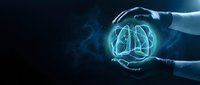 Hands protecting glowing digital lungs hologram on dark background representing respiratory health care and medical technology innovation for healthcare concepts.