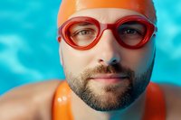 Close up portrait of athletic male swimmer with beard wearing bright red goggles against blue pool water background, expressing confidence and determination.
