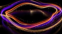 Abstract flowing light trails in purple orange and gold colors creating dynamic energy waves with sparkling particles on dark background for motion graphics.
