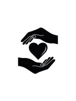 Protective hands surrounding black heart symbol representing care, love, safety and compassion in minimalist design for healthcare and charity concepts.
