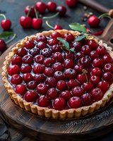 Fresh cherry tart with golden flaky crust dusted with powdered sugar on dark wooden board, surrounded by scattered whole cherries and green leaves.
