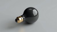 Black matte light bulb with gold metallic base on neutral gray background, minimalist creative concept for innovation and dark mode design solutions.
