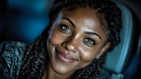 Young African American woman with braided hair smiling warmly while looking up, expressing joy and positivity in soft blue lighting for lifestyle content.