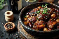 Glazed chicken wings in dark soy sauce with roasted potatoes and fresh herbs, served in rustic ceramic bowl. Rich caramelized coating and garnish create appetizing meal.