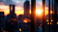 Dramatic urban sunset view through glass balcony railing with blurred city skyline and warm orange bokeh lights creating atmospheric evening mood.